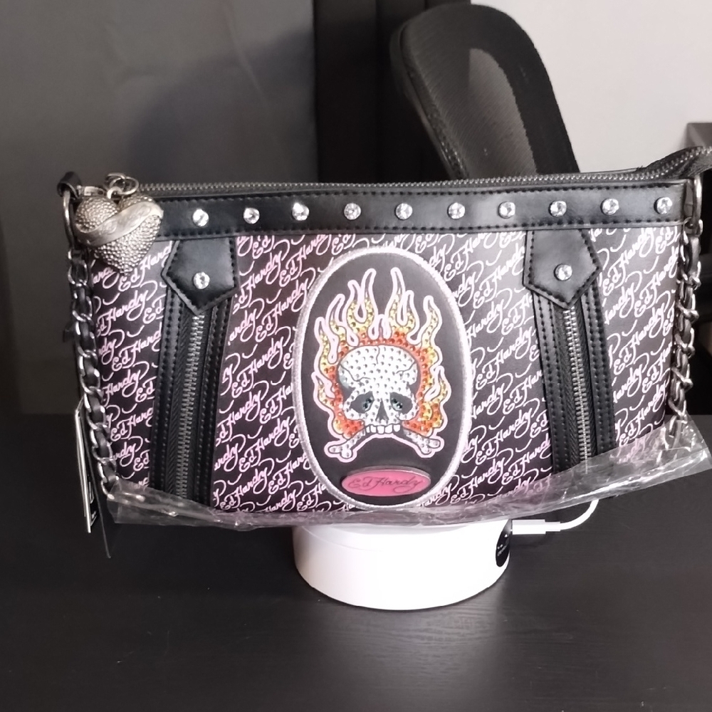Ed Hardy Black and Pink Shoulder Bag with Flame Skull